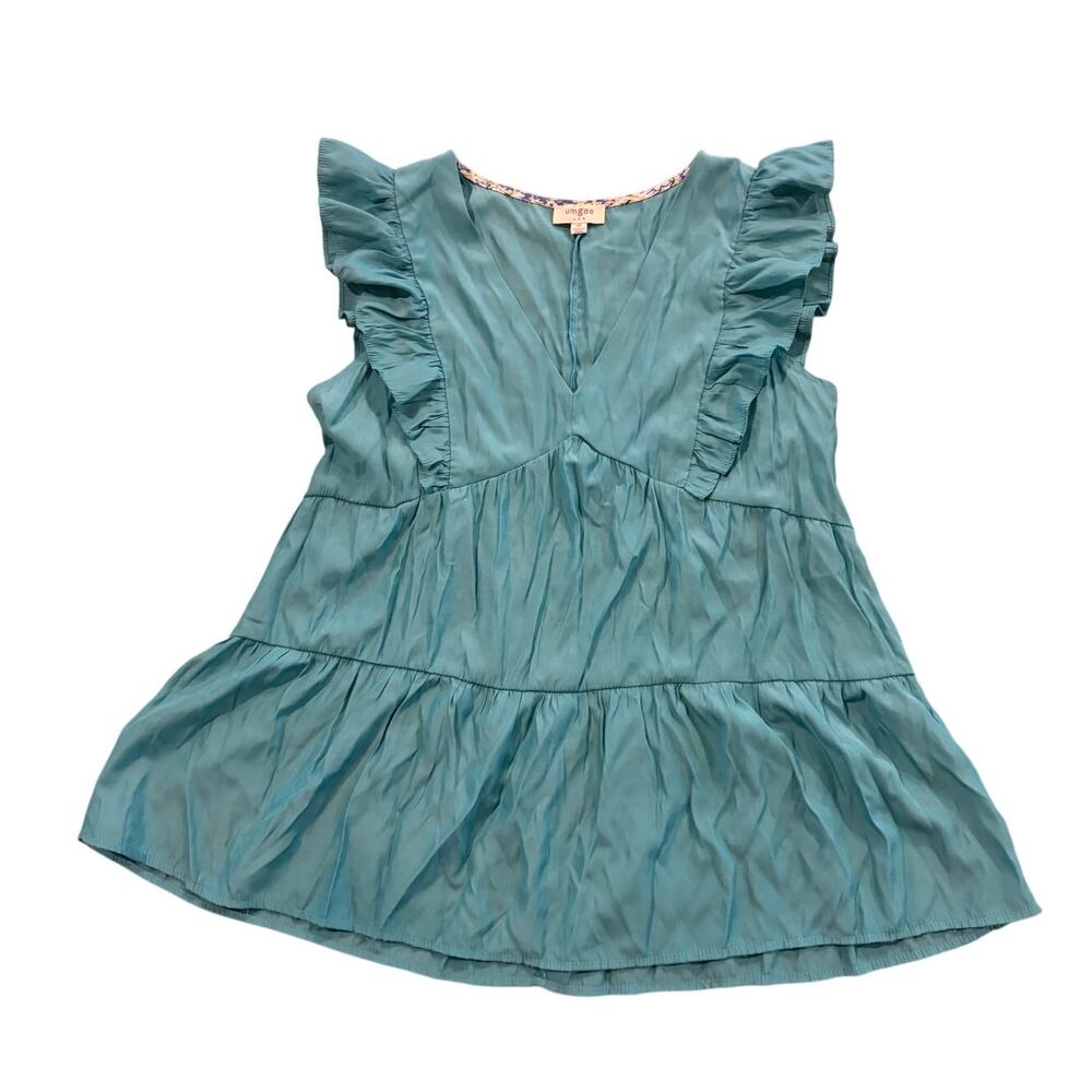 Umgee Tiered Ruffle Babydoll Blouse Womens‎ Size Medium Teal Blue V-Neck Top